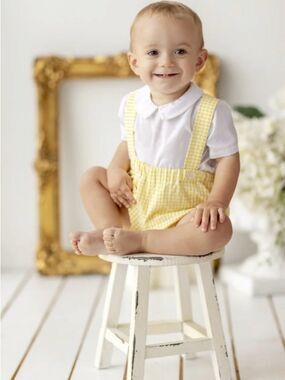 Luli & Me Yellow Gingham Baby Suspender Romper